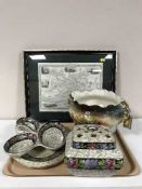 A tray of transfer printed jardiniere together with three pieces of Winton china and a framed map