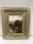 A mid 19th century gilt framed oil on canvas - cattle by river signed H.