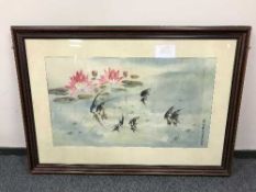 Chinese School : Fish by lily pads, watercolour, signed,