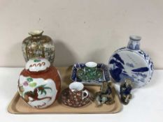 A tray of oriental style china, blue and white moon flask, Chinese vase,