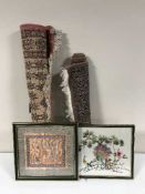 A box of pictures and prints, silk work panels, needlework,
