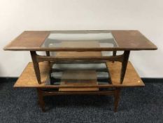 Two teak G Plan coffee tables inset glass panel