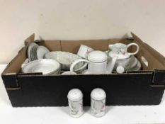 Three boxes of Mid Winter dinner ware, etched glass, tourist china,
