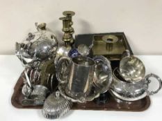 A collection of silver plated items and brassware, to include toast rack, tankards, teapot, cutlery,