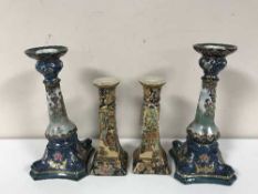 Two pairs of decorative Chinese satsuma candlesticks