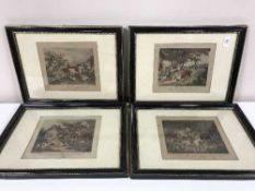 Five black and gilt framed hand coloured etchings of hunting scenes,