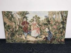 Two large un-framed tapestries - figures in a garden