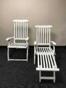 Two painted teak garden armchairs,
