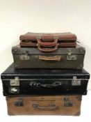 Three vintage luggage cases and two leather briefcases
