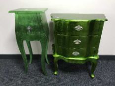 A contemporary green French style three-drawer bedside chest together with a contemporary green