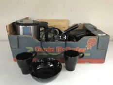 Two boxes containing a large quantity of kitchenware, kitchen electricals, saucepans,