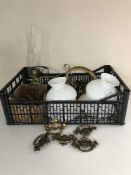 A crate of metal hanging wall lights, metal and wood wall oil lamp, brass ware,