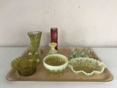 A tray of decorative glass ware - hand painted Victorian vases, vaseline glass,