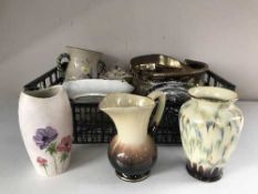 A crate of brass coal bucket, plated teapot, West German vase, Radford vase,