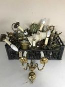 A box containing a quantity of assorted copper and brass ceiling and wall lights