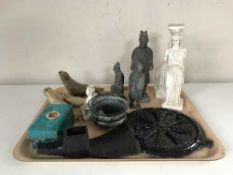 A tray of three terracotta figures - Ottoman soldiers, a cast metal axe-head,
