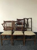 Three early 20th century inlaid mahogany bedroom chairs together with a pine armchair and a red