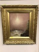 19th century school : Waves crashing on cliffs, oil on panel, 23 cm x 28 cm, indistinctly signed,