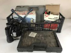 A box containing cased trolley jack, Black Spur electric sander, wheelbrace, cased drill bit set,