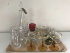 A tray of glass ware - decanter, jug, drinking glasses,