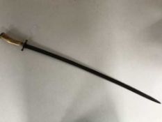 A 19th century hunting sword or hanger, probably German, with 72cm slightly curved, fullered blade,