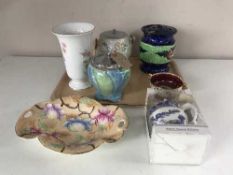 A tray of Ringtons flower holder, Maling biscuit barrel, Winton lidded barrel,