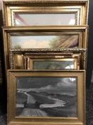 Seven framed pictures including a gilt framed needlework depicting sparrows on a branch,
