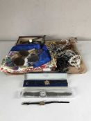 A tray containing lady's head scarfs, large quantity of assorted necklaces,