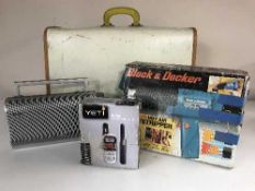 A plastic tub containing a cased Frister Rosmann model 35 electric sewing machine together with a