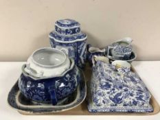 A tray of late 19th and early 20th century blue and white oriental pattern china,