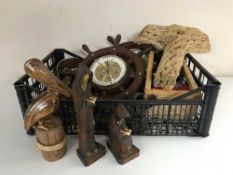 A basket of wooden ornaments, wooden bookend,