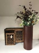 A wicker hamper and assorted baskets, leather stick stand,