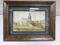 20th century school : A village church, watercolour, 20 cm x 13 cm, framed.