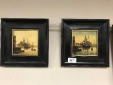 Two continental oils on panels depicting boats in canals, indistinctly signed, 11 cm x 11 cm,