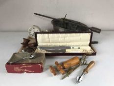 A set of antique balance scales, cased carving set, wooden pipe,