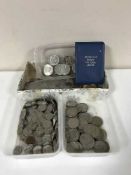 Four containers of British 19th century coins inc two Britons first decimal coin sets, crowns,