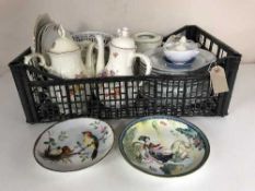 Two boxes containing assorted continental china including teapots, dinnerware, wall plates,