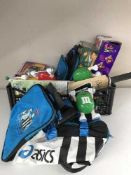 A basket of two signed Kevin Keegan NUFC holdalls, M & M figures,