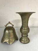 A Chinese brass bell and a Chinese brass vase (2)