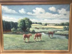 Two continental school gilt framed oils on canvas depicting horses grazing in a field and woodland