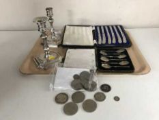 A set of silver teaspoons, pair of silver plated Walker & Hall candlesticks,