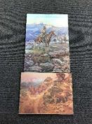 Six un-framed textured prints on canvas by Charles Marion Russell depicting cow boys and Native