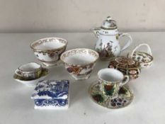 A tray of quantity of miniature cabinet pieces - Meissen teapot, Crown Derby finger bowls,