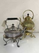 An EPNS spirit kettle on stand with burner and a brass sprit kettle on stand with burner (2)