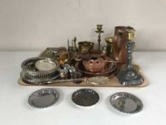 A tray of 20th century brass, copper and plated ware including brass embossed cigarette box,
