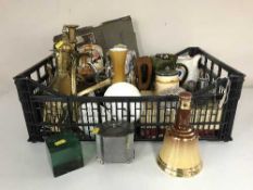A crate containing English pewter, Spode Scotch whiskey decanter, Doulton jug,