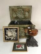 A brass embossed coal box of framed tile, oil lamp,