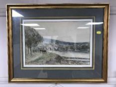 Victor Noble Rainbird (1887-1936), Cattle grazing by a river with bridge beyond, watercolour,