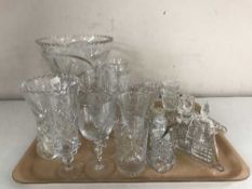 A tray of glass ware - drinking glasses, cruet set,