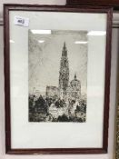 Van Neste : An etching depicting a cathedral, signed in pencil, 16 cm x 25 cm, framed.